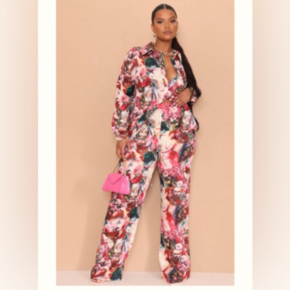 Pretty Angel Multicolor Floral Satin Jumpsuit with Pink Accents